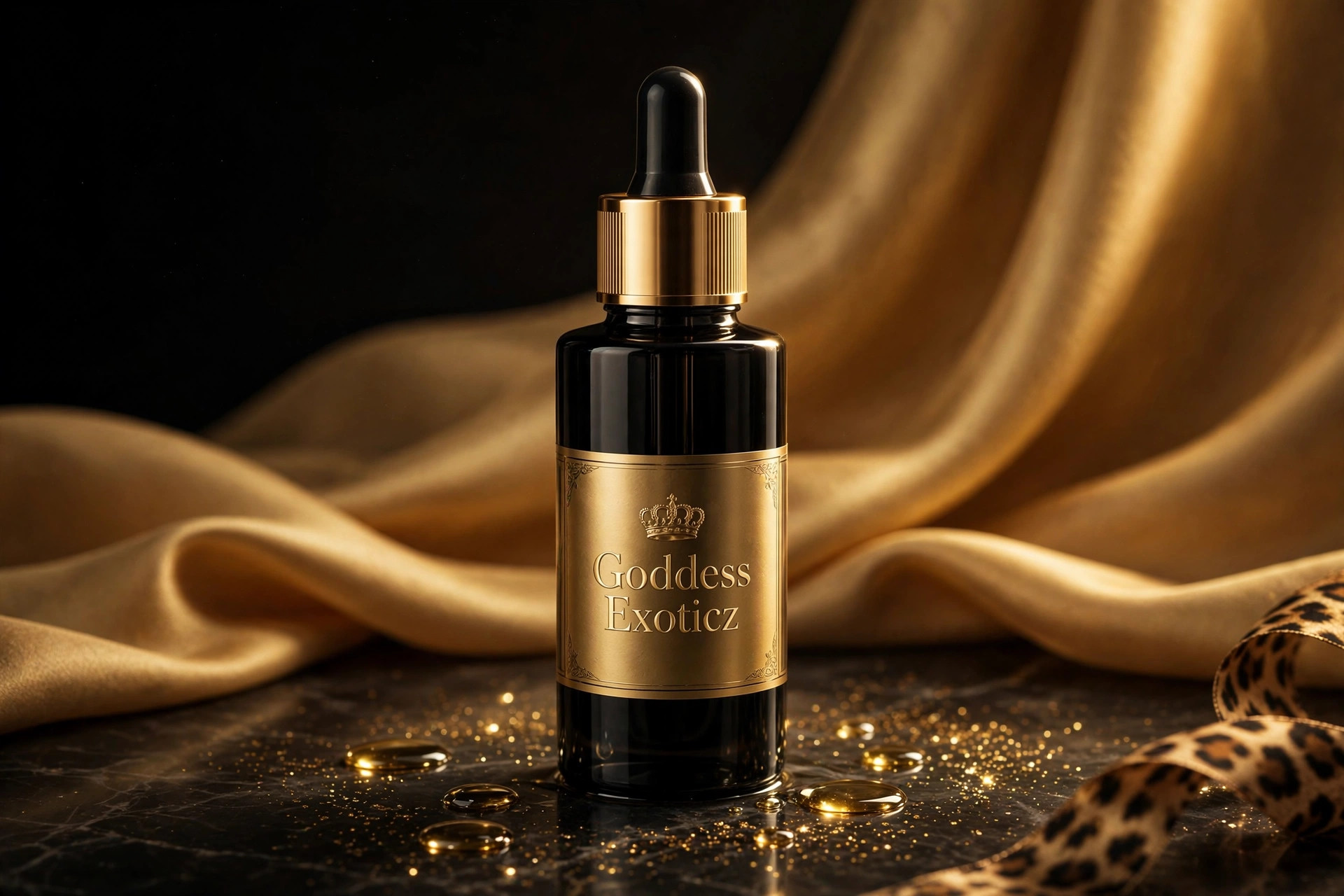 Goddess Exoticz hair oil bottle displayed on black and gold satin
